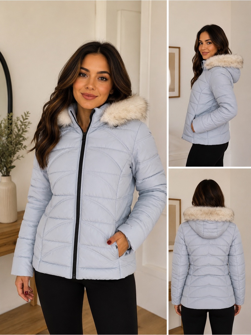 Nautica Light Blue Faux Fur Trim Hooded Puffer Jacket - Women's